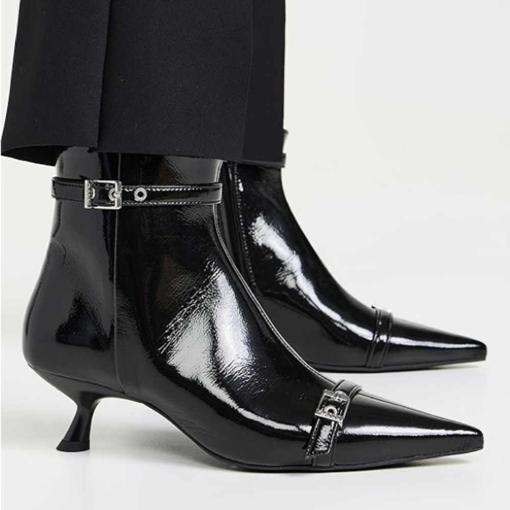 GANNI Black Patent Pointed-Toe Kitten Boots